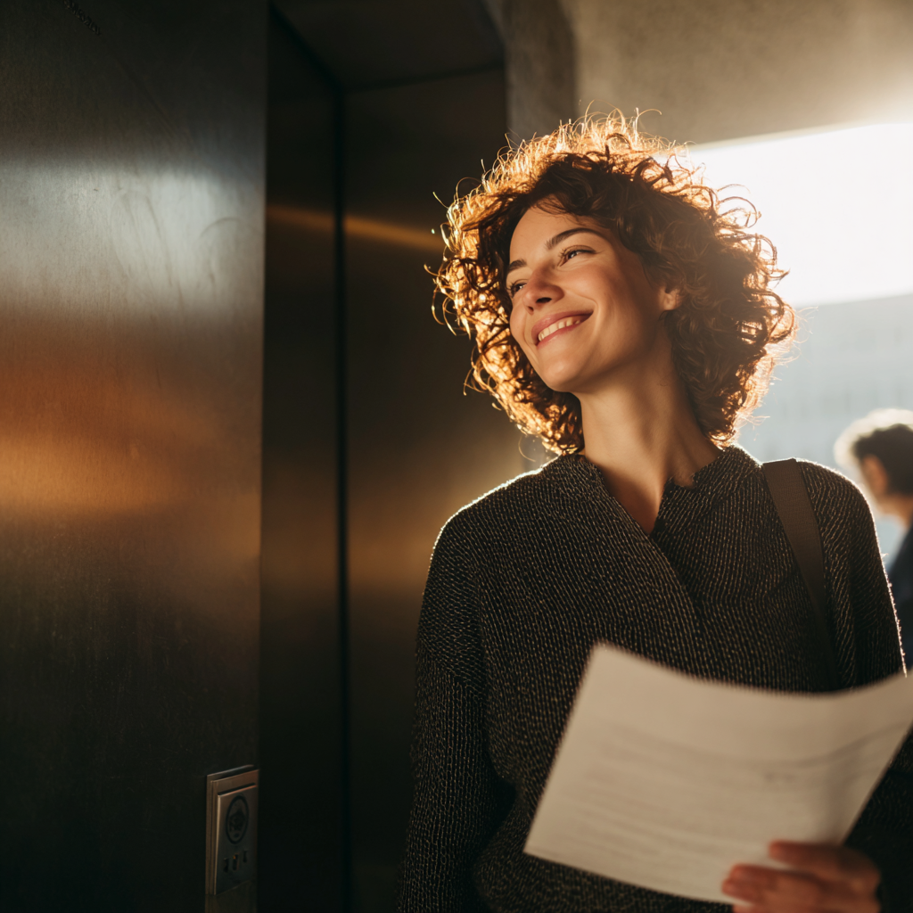 Stastny klient odchadza z kancelarie pravnika s podpisanou zmluvou a spokojnym vyrazom tvare.png